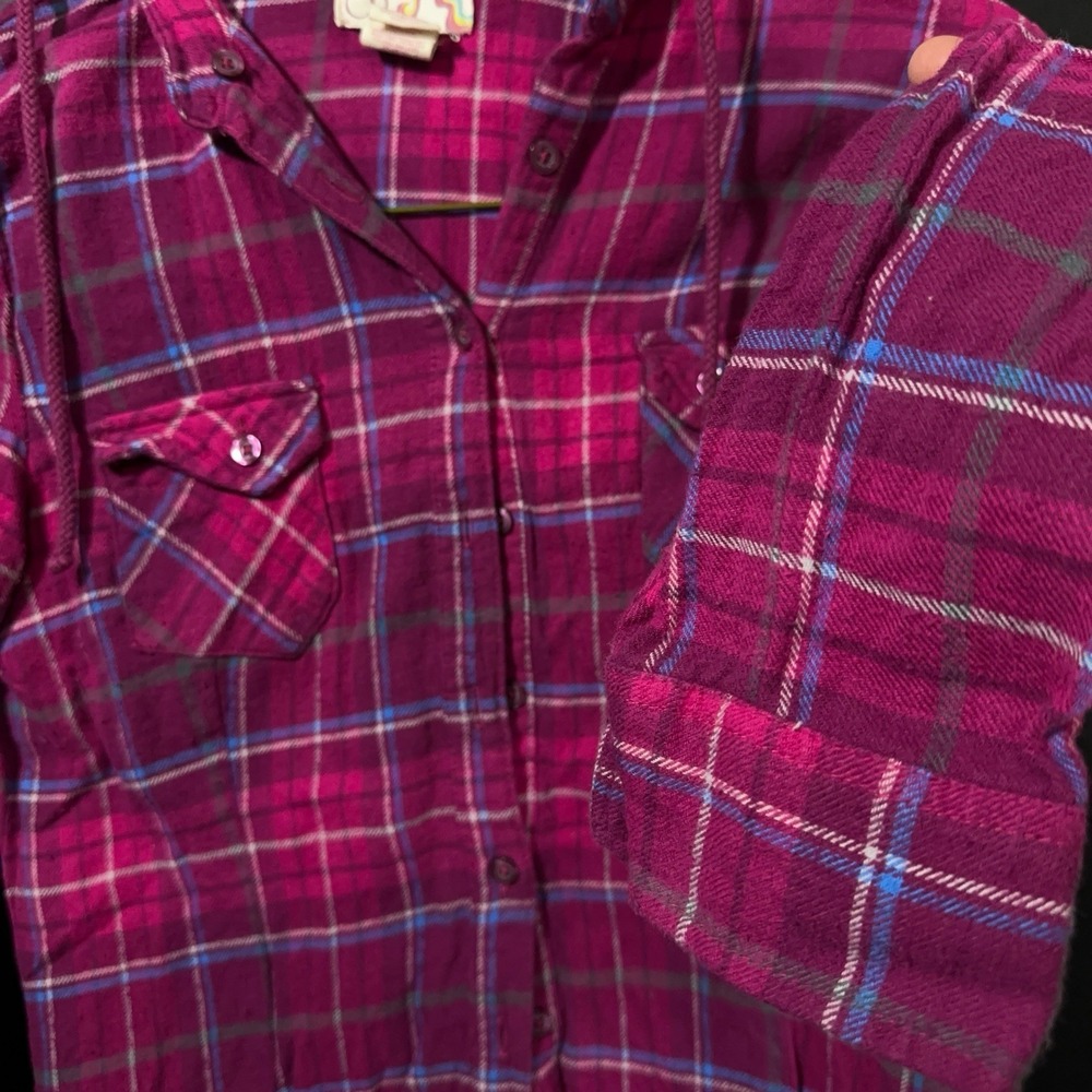 Op Ocean Pacific Women's Small 3/5 Pink & Gray Plaid Lightweight Flannel‎ Shirt - Picture 5 of 12